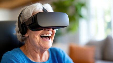 Joyful elderly woman embraces virtual reality gaming experience with laughter