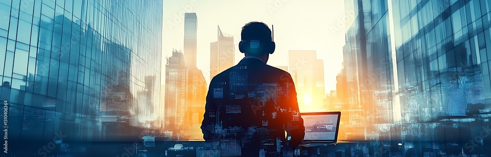 Poster business professional using laptop in urban cityscape with digital overlay of futuristic technology 