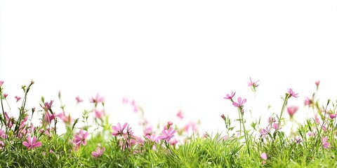 Beautiful Pink Wildflowers Growing in Lush Green Grass Against a Bright White Background : Generative AI