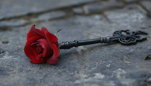 Red rose on antique key, stone ground