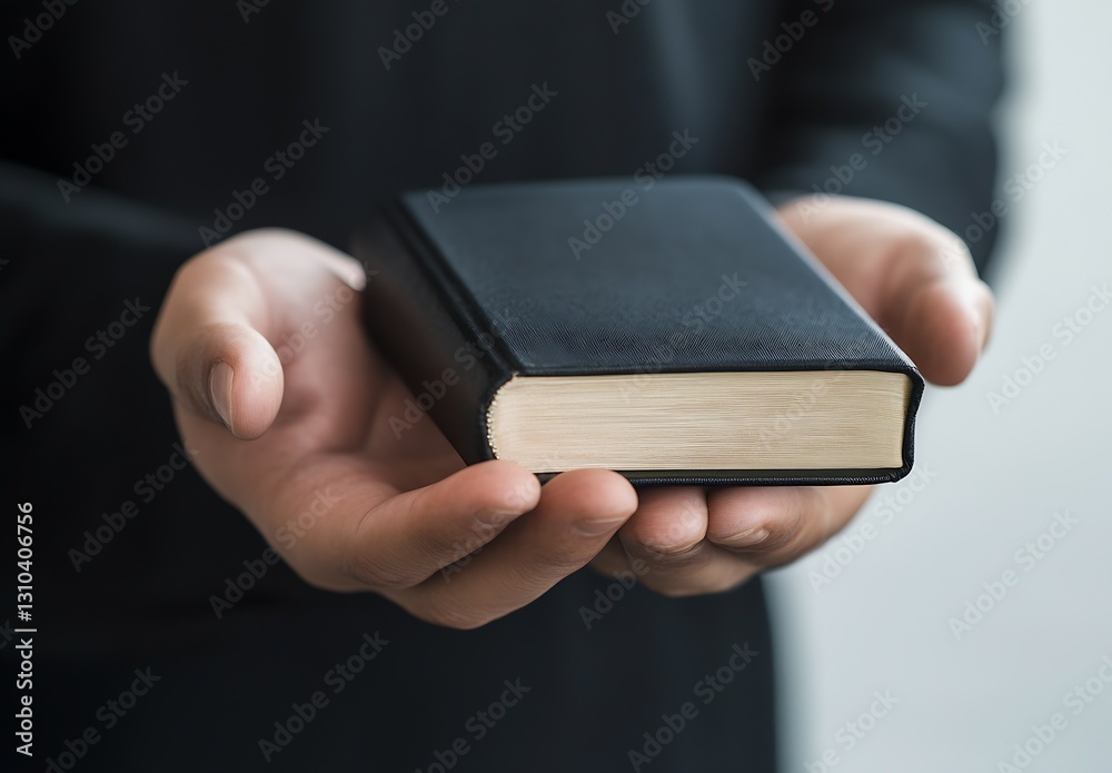 Poster person holding a classic black book symbolizing knowledge and wisdom with a soft blurred background 