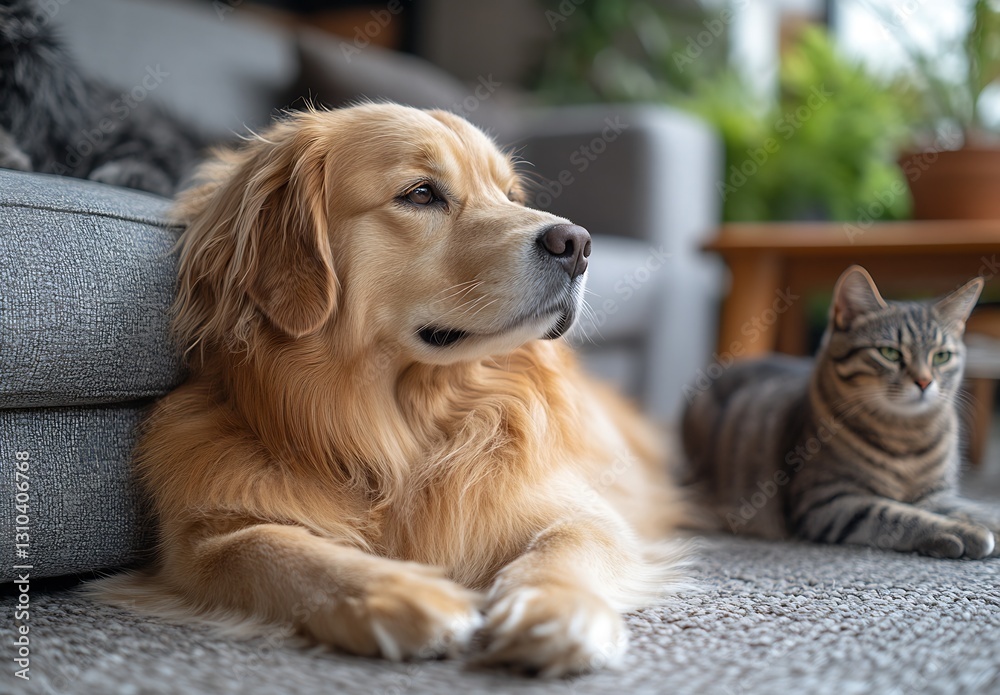 Poster golden retriever and tabby cat watching calmly together in a cozy indoor space : generative ai