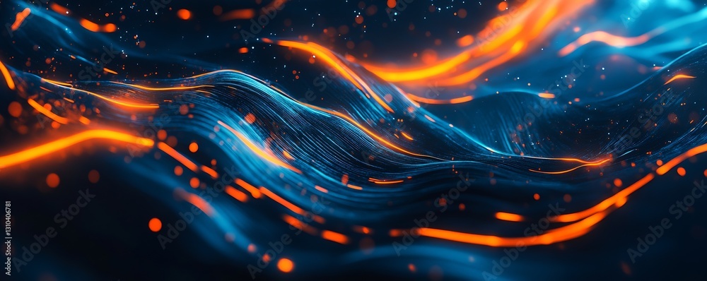 Poster Vivid Flowing Waves of Light with Glowing Particles Creating a Stunning Abstract Scene : Generative AI
