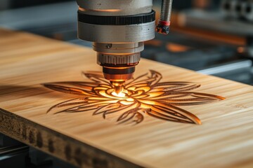 Precise Wood Engraving Process with Laser Cutter on Fine Hardwood Board Featuring Floral Design
