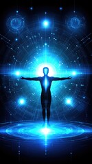 Fototapeta premium Abstract figure illuminated, digital art, futuristic background, spiritual energy