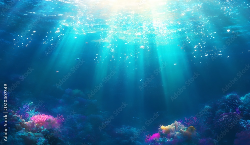 Aufkleber vibrant underwater scene with colorful corals and rays of sunlight penetrating the ocean depths crea