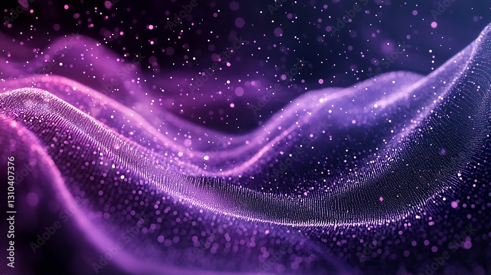 Fototapete Beautiful flowing waves of purple lights with sparkling particles creating a mystical abstract background : Generative AI