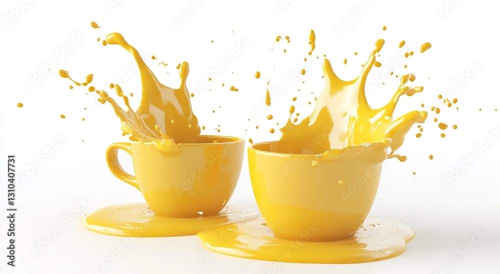 Poster Two Yellow Cups with Spilling Paint Liquid Creating Dynamic Splash on a Bright Background : Generative AI