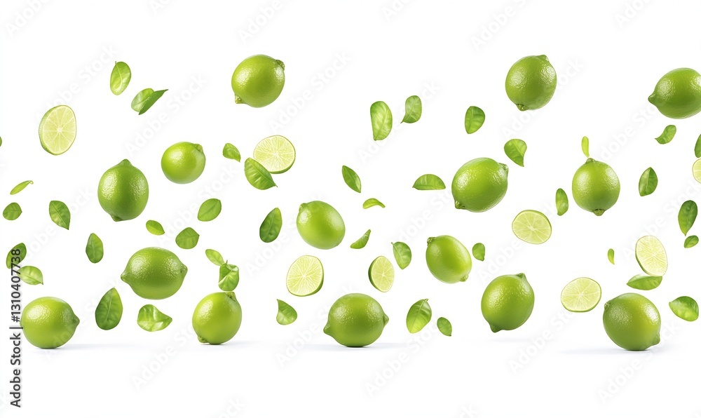 Aufkleber Fresh limes and lime slices floating in midair creating an exciting and vibrant composition on a white background : Generative AI
