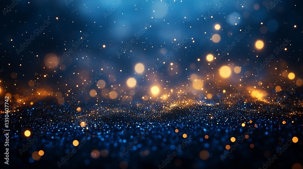 Poster Glimmering Bokeh Effect with Sparkling Particles Creating a Magical Atmosphere in Blue and Gold : Generative AI