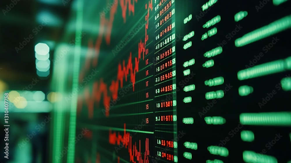Poster Close up of a digital stock market chart displaying fluctuating green and red lines indicating price changes : Generative AI