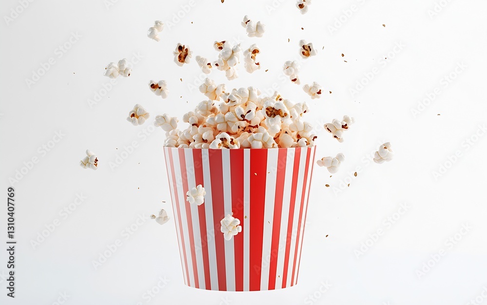 Poster delicious popcorn bursting out of a classic red and white striped container : generative ai