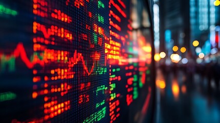 Dynamic financial market display featuring stock prices and data on an electronic trading board at night : Generative AI