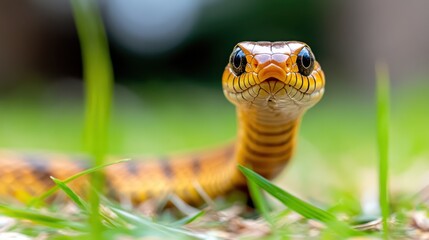Fototapeta premium Small smooth snake coiled in grass, poised for action in nature's realm