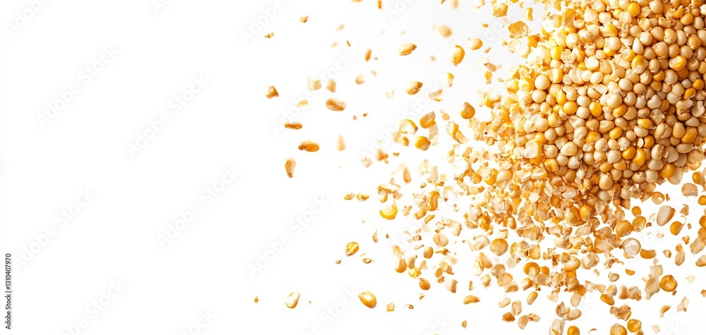 Poster A pile of scattered yellow popcorn kernels isolated against a white backdrop for culinary uses : Generative AI