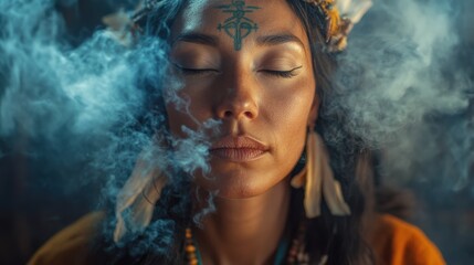 Fototapeta premium A Serene Indigenous Woman in Traditional Attire Meditating Amidst Ethereal Smoke and Nature, Capturing the Essence of Spiritual Connection and Cultural Heritage