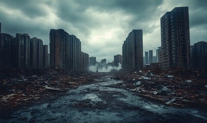 Post-Apocalyptic Urban Landscape Featuring Destroyed Buildings and Debris