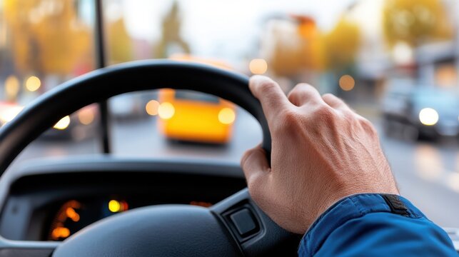 Modern bus driving with skilled hands on the steering wheel