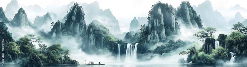 Poster misty mountain landscape featuring tranquil waters and lush trees reflecting calm nature vibes : gen