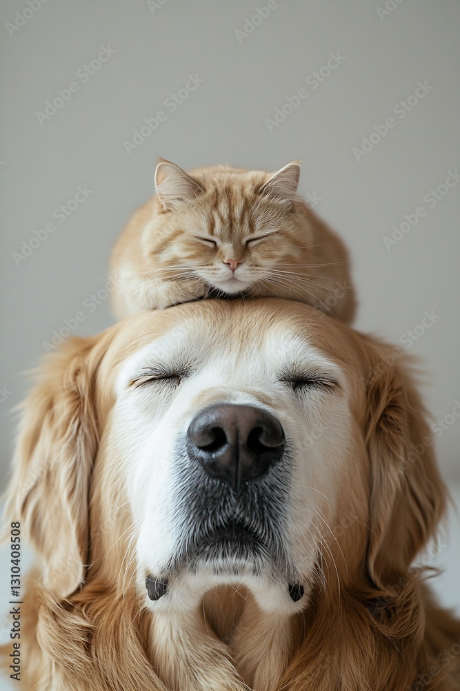 Poster content golden retriever happily resting with a cute sleepy cat on its head in a serene indoor ambia