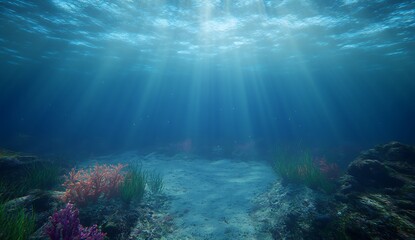 Fototapeta premium Serene underwater landscape showcasing vibrant corals and gentle light beams filtering through the ocean water : Generative AI