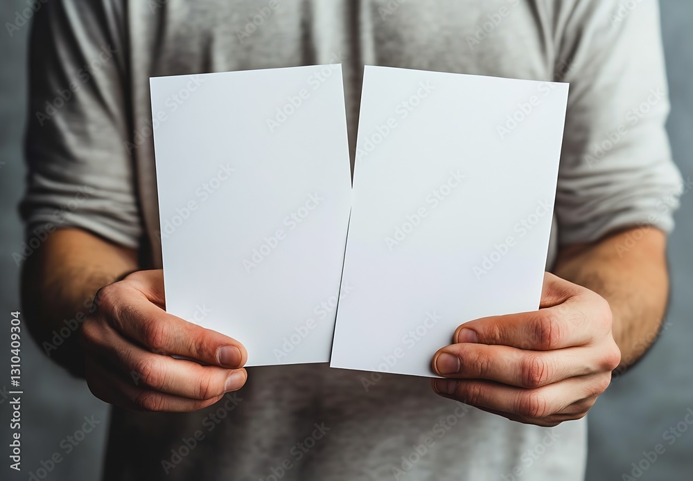 Poster person holding two blank white cards in front of them showcasing clean design and presentation : gen
