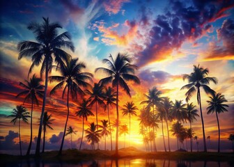 Double Exposure Palm Trees Silhouettes at Sunset - Tropical Paradise Stock Photo