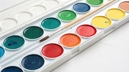 Watercolor Paint Set with Brush on White Background