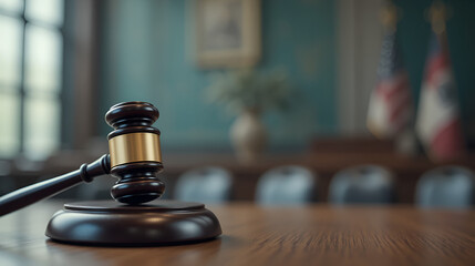 Gavel on courtroom desk with blurred background