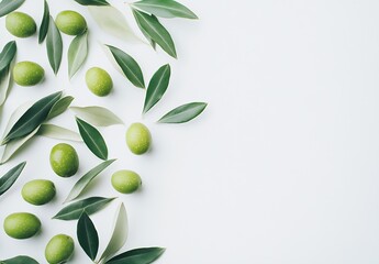 Scattered green olives and olive leaves on a white background highlighting nature's bounty and organic food beauty : Generative AI