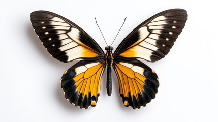 Black butterfly with striking markings resting on white backdrop