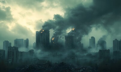 Post-Apocalyptic Urban Landscape: Destruction and Fire in a Ruined City