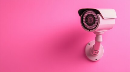 A compact indoor CCTV camera with a minimalistic design on a pastel pink background.