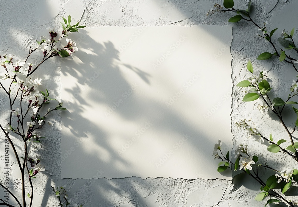 Poster minimalist design featuring blank sheet surrounded by delicate flowers and leaves for artistic use :