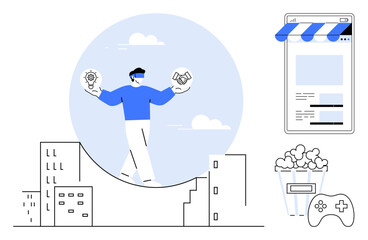 Man balances on a curve holding ideas and handshake icons. Nearby are buildings, an online store, popcorn, and a gamepad. Ideal for creativity, teamwork, e-commerce, innovation multitasking