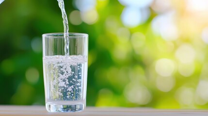 Pouring fresh water into a clear glass with a vibrant green backdrop