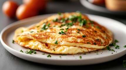 Delightful plain omelette plated with fresh herbs for a simple feast