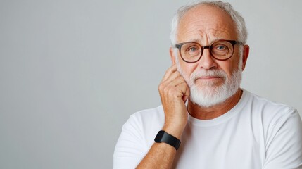 Fototapeta premium Frustrated senior man expresses pain while standing against grey backdrop