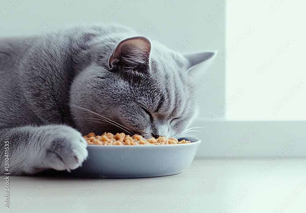 Poster sleepy grey cat napping with its head resting on a bowl full of crunchy food in a sunlit room : gene