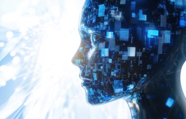 A close-up of an AI robot's head, its face composed entirely of digital mosaic tiles and light rays streaming through the windows background is blurred with geometric shapes Generative AI