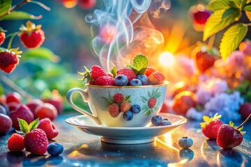 Fototapeta premium Double Exposure: Serene Teacup and Vibrant Berries