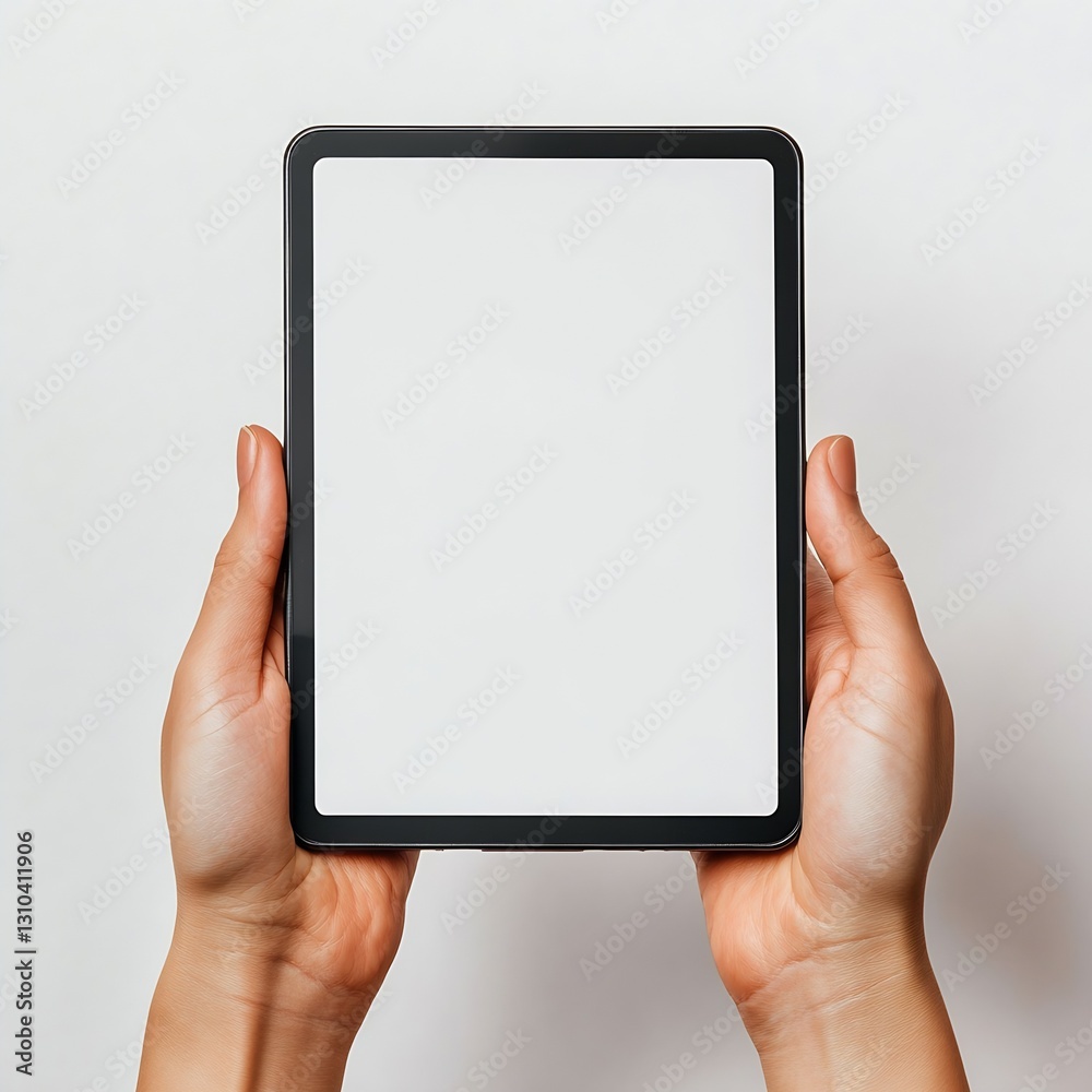 Poster hands holding a modern tablet device with blank screen ready for digital content : generative ai