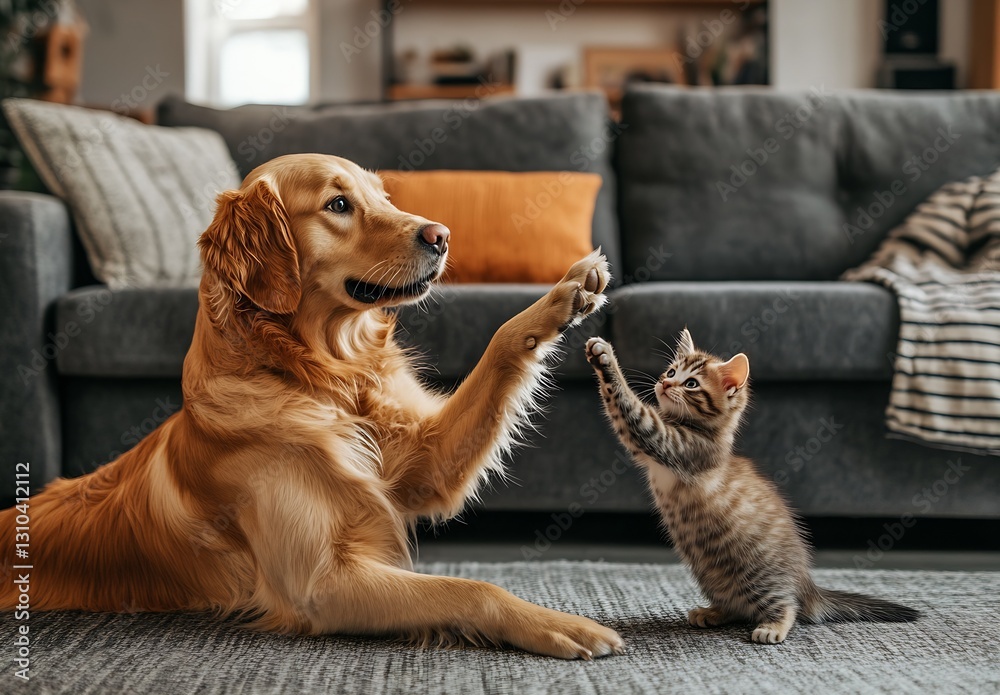 Poster delightful scene of a golden retriever and a stripey kitten playfully interacting in a bright living