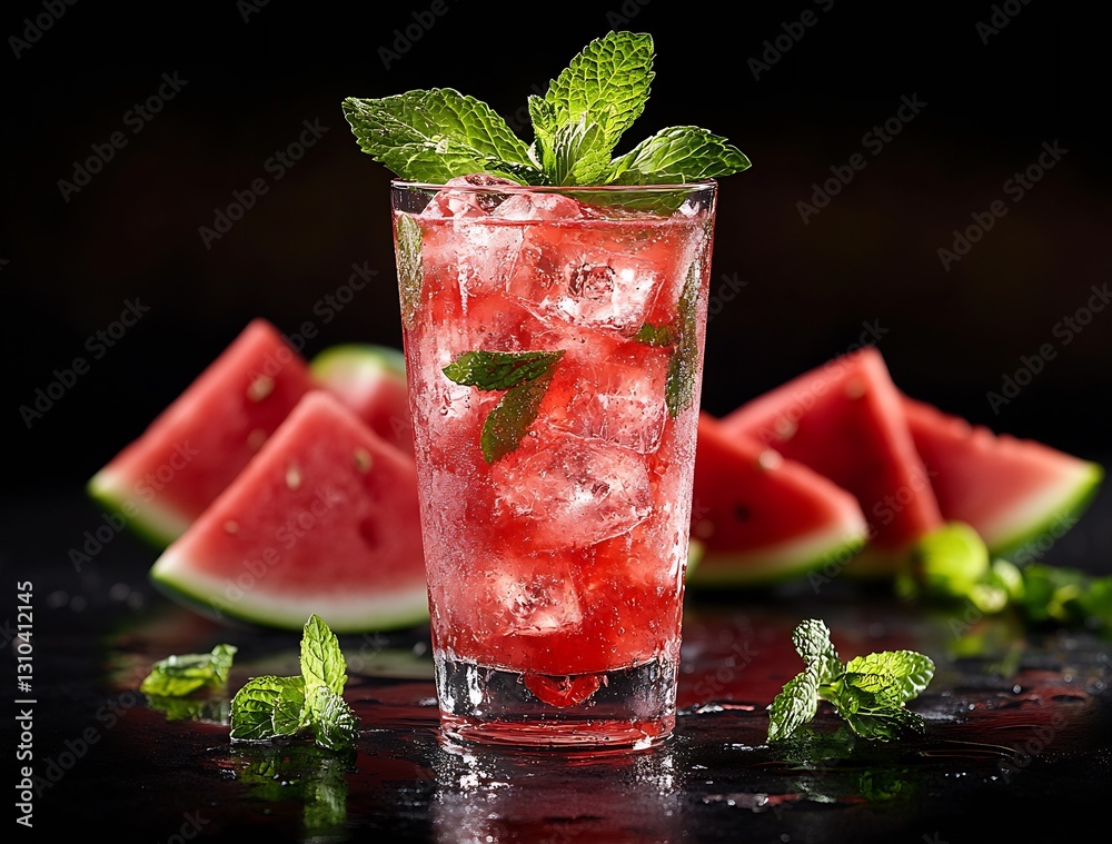 Poster refreshing watermelon cocktail with ice and mint leaves liaising with summer vibes and festivities :