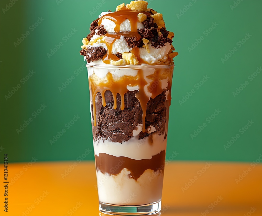 Poster deliciously decadent ice cream sundae with chocolate cake and caramel topping surrounded by vibrant 