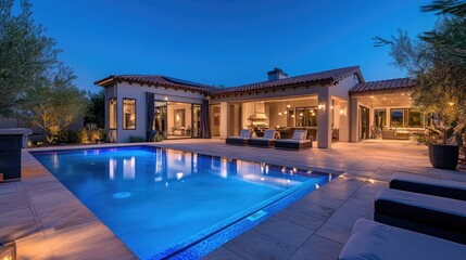 Fototapeta premium Luxury Villa with Pool at Dusk