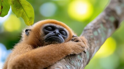 Obraz premium Silvery gibbon peacefully napping on a tree branch in the lush forests of Java