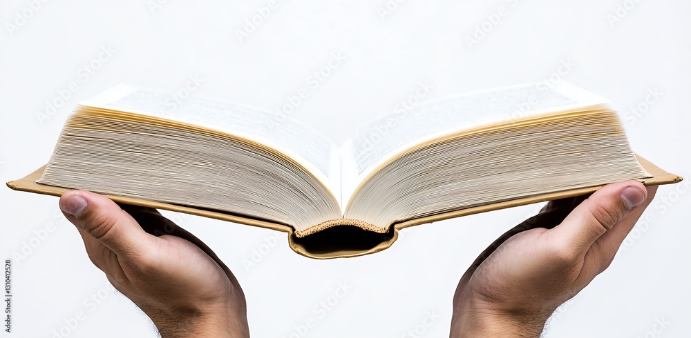 Poster Person holding a well used open book showing textured pages on a white background : Generative AI