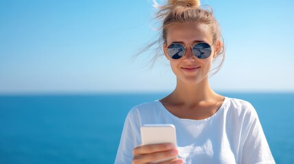 Young business professional explores technology at the beach