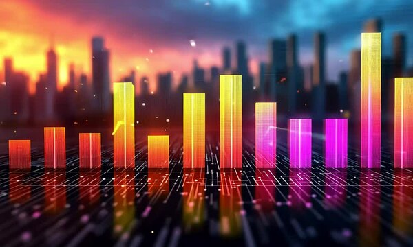 Colorful bar graphs overlayed on a cityscape, representing financial data